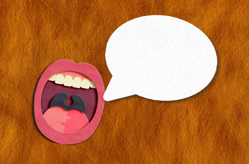 Collage of a stylized mouth with various shapes and a blank drool on a textured background